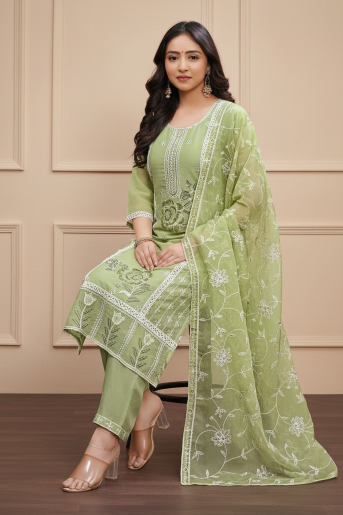Women Pista Green Embroidery Kurti Set with Lace Border