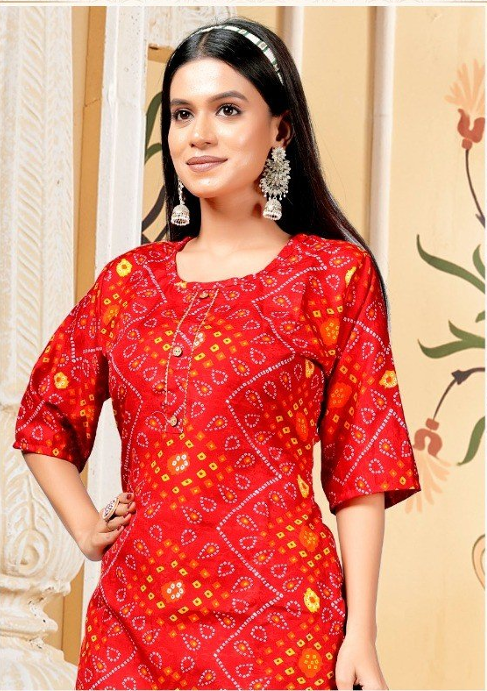 Women Bandhani Printed  Kurti (Red)