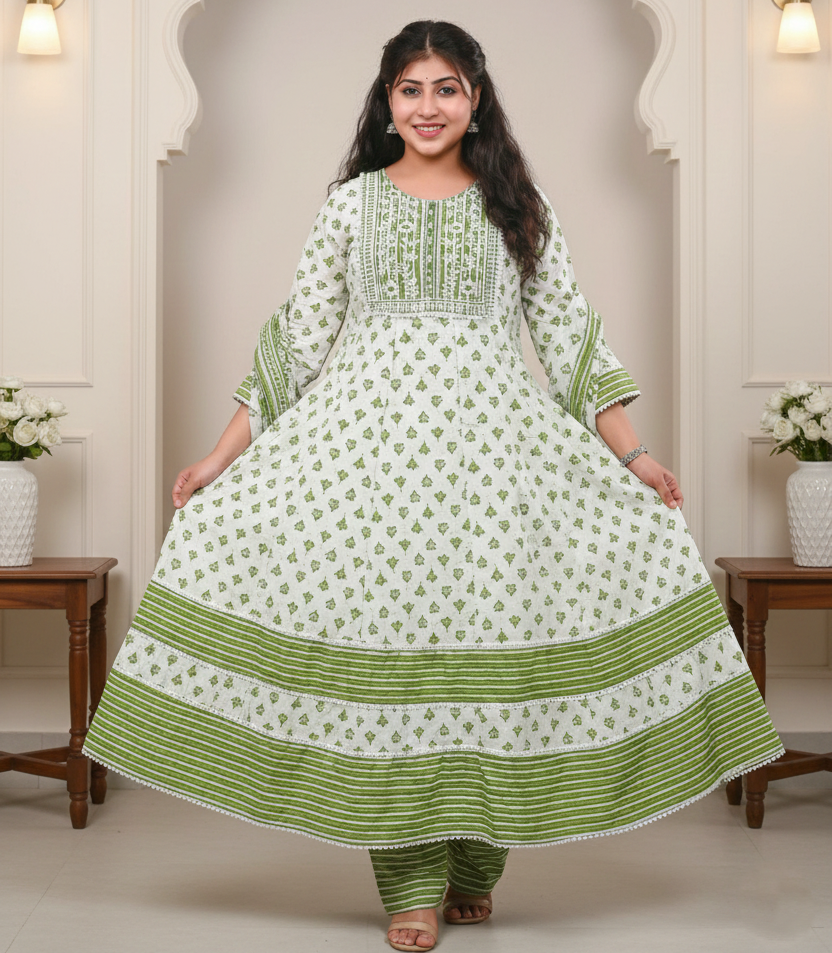 Embroidery Work Long Frock Cotton Kurti with Bottom & Dupatta | Cotton Ethnic3-Piece Set