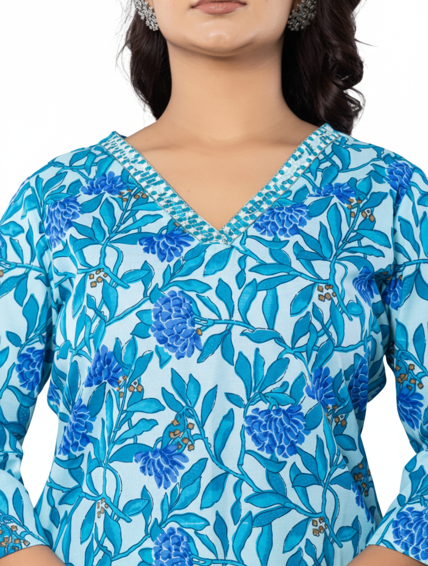 Printed Floral Stright Kurti With V Neck