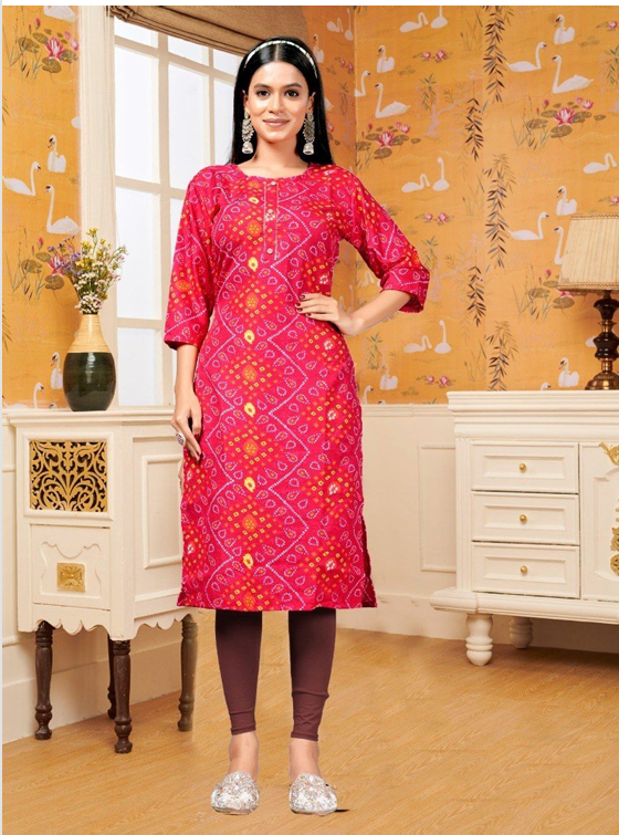 Pink Bandhani Printed Straight Kurti