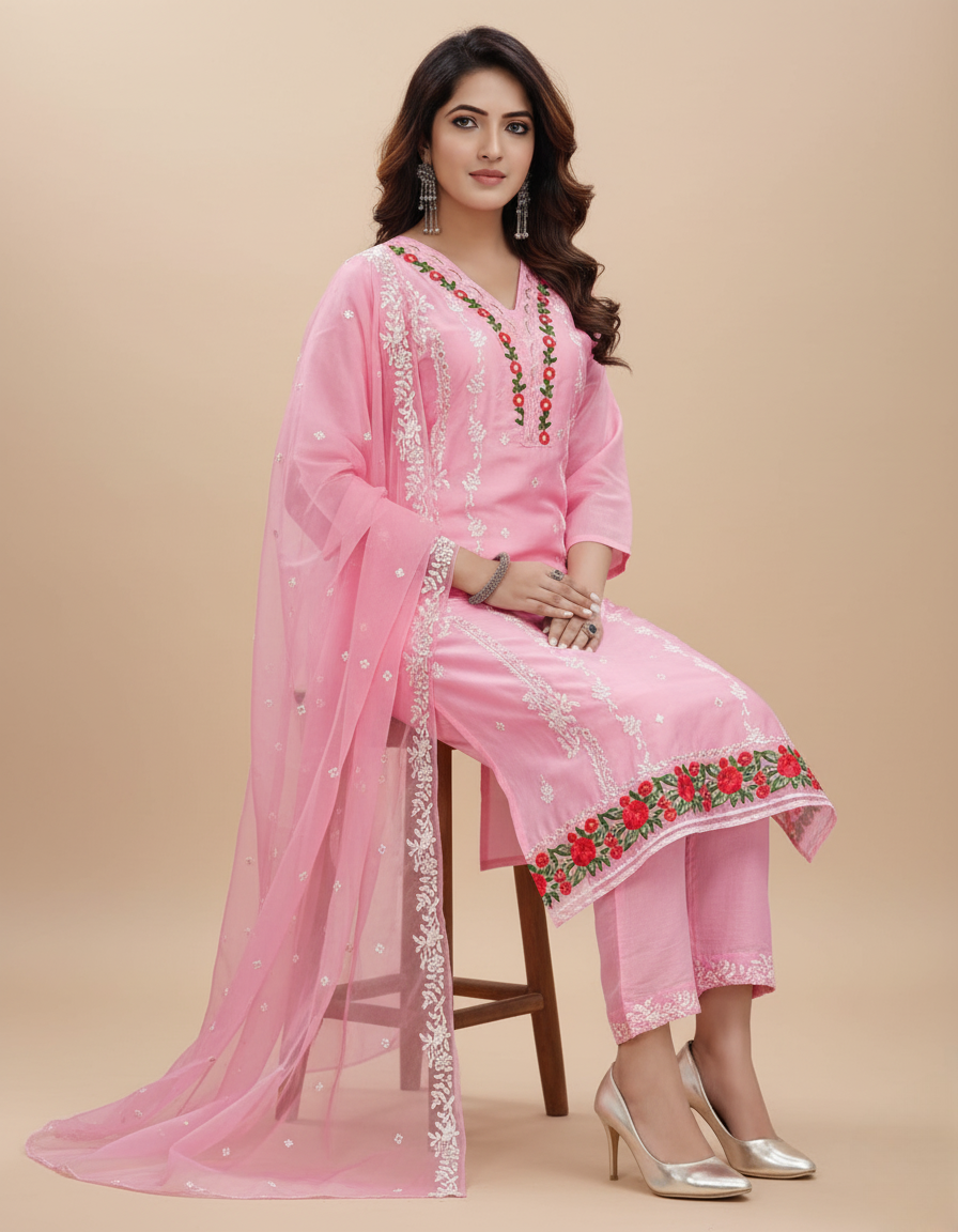Pink Embroidery Kurta With Pant and Dupatta Suit Set For women