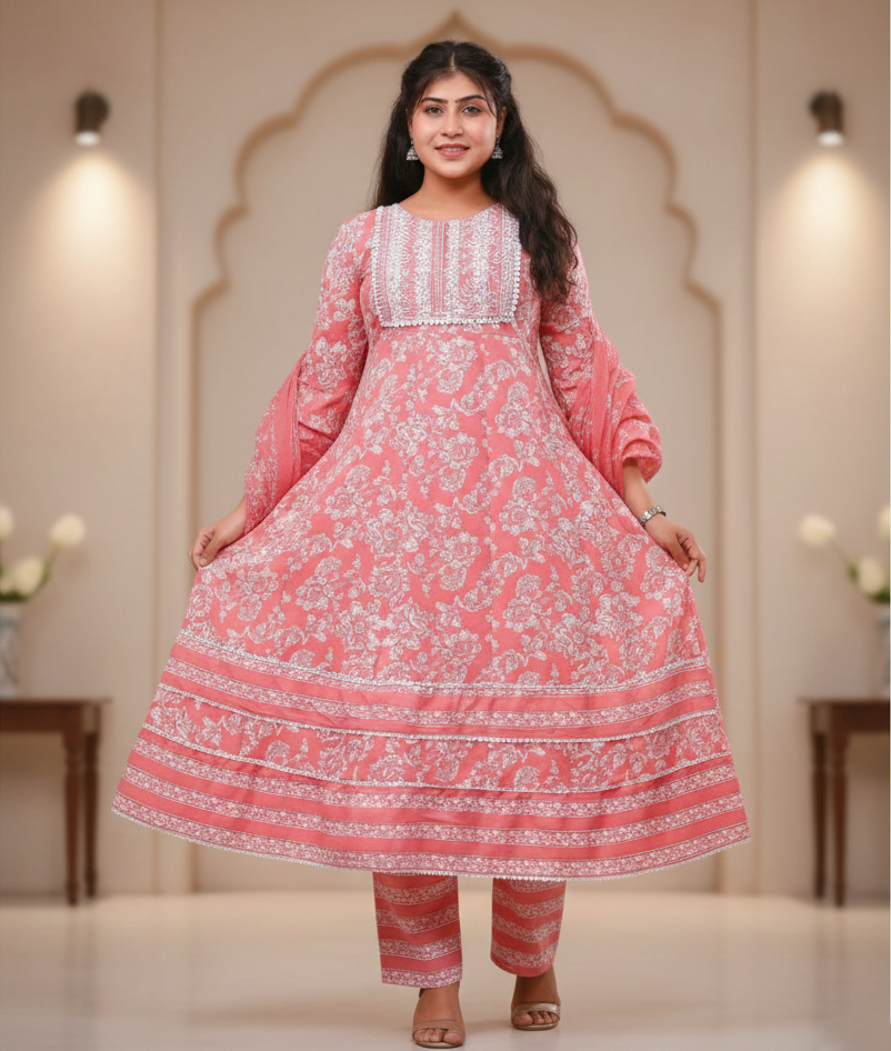 Embrodiary Work Long Frock Kurti with Bottom & Dupatta | Summer-Friendly 3-Piece Set | Ethnic Cotton Suit Set