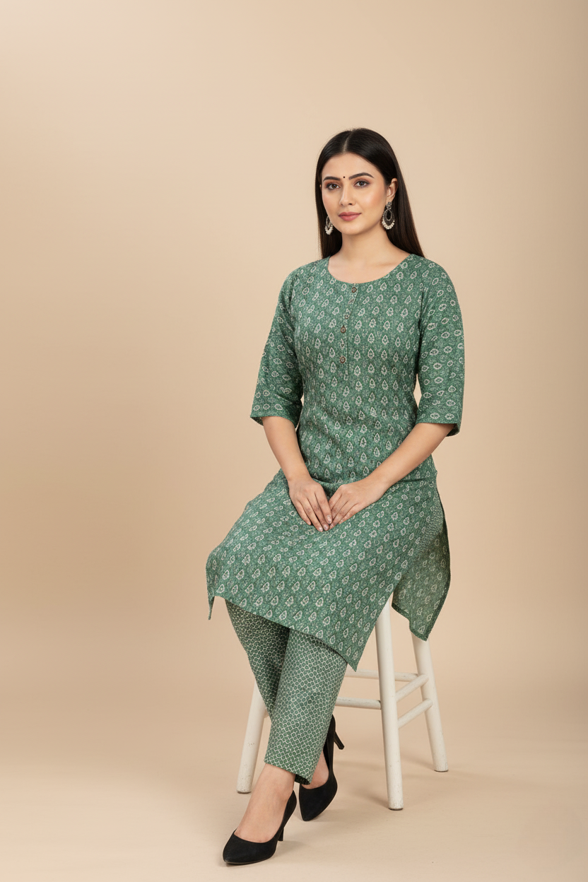 Women Green Printed Cotton Straight Kurta with Bottom
