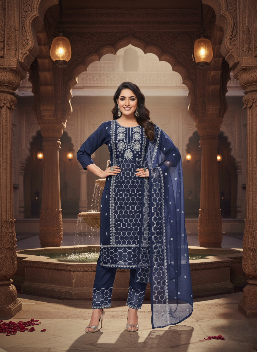 Blue Printed Embroidered 3-Piece A-Line Kurta Set Women