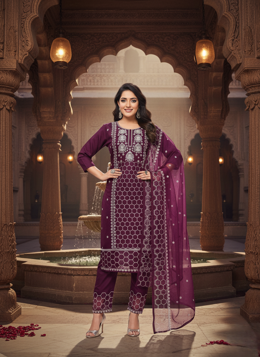 Women Embroidered 3-Piece A-Line Kurta Set (Purple)