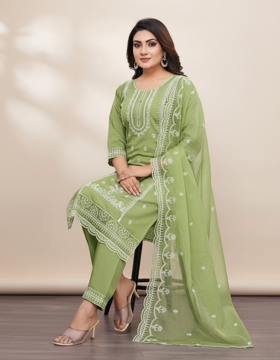 Women Embroidery Kurta Suit Set (Green)