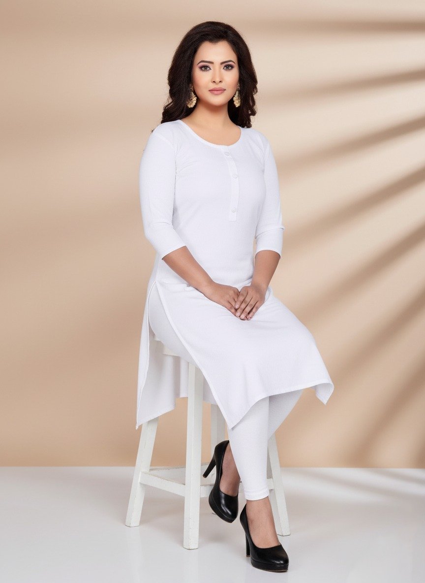 Women Cotton Blend Straight White Kurti