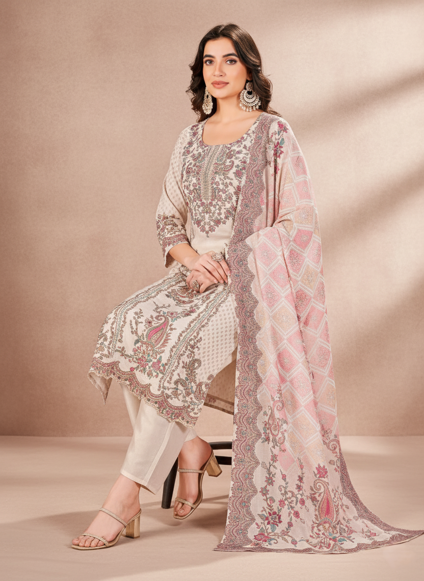 Women Cream Printed Straight Kurti with Pants & Dupatta