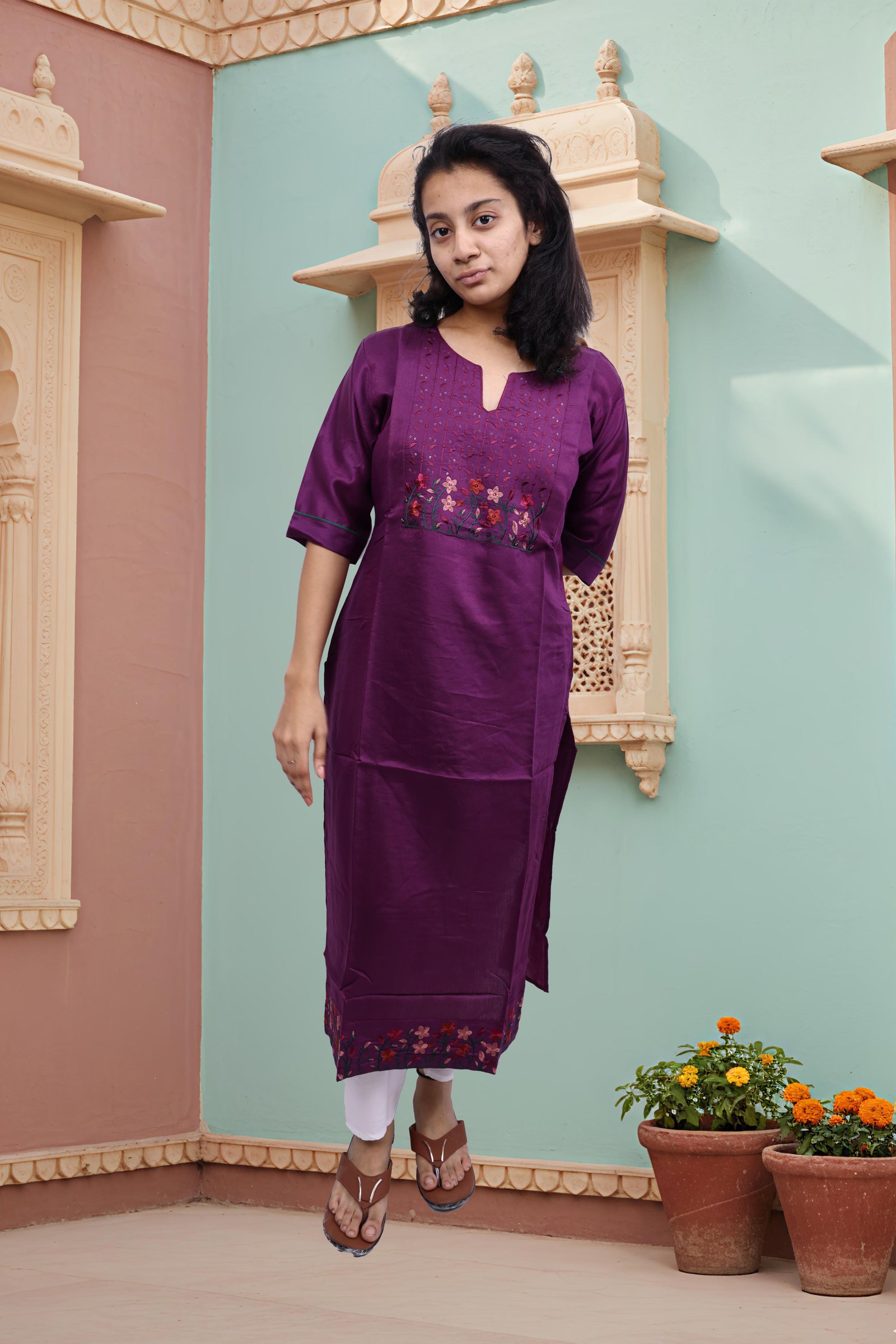 Women's Embroidered Straight Long Kurti (Purple)