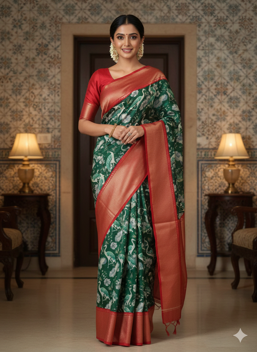 Traditional Printed green and red Banarasi silk blend saree