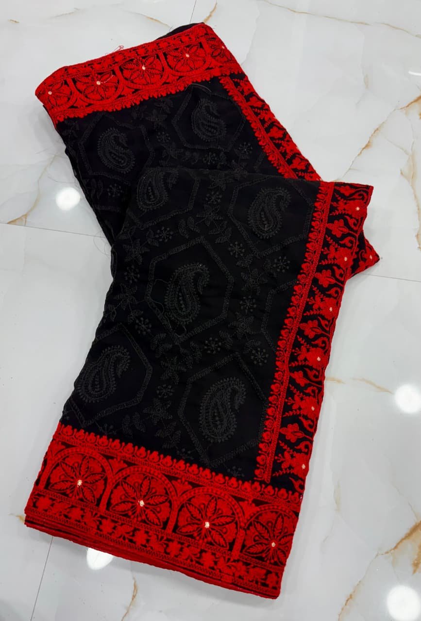 Exquisite Black & Red Handcrafted Pure Chiffon Lucknowi Chikankari Saree with Blouse Piece