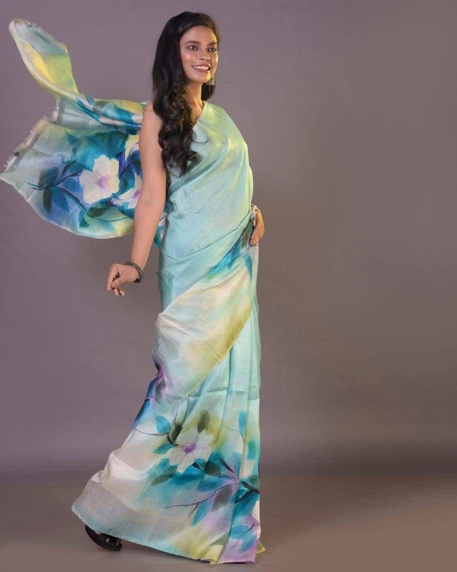 Aqua Serenity Semi Murshidabad Bapta Silk Saree – Handblock Floral Elegance with Blouse