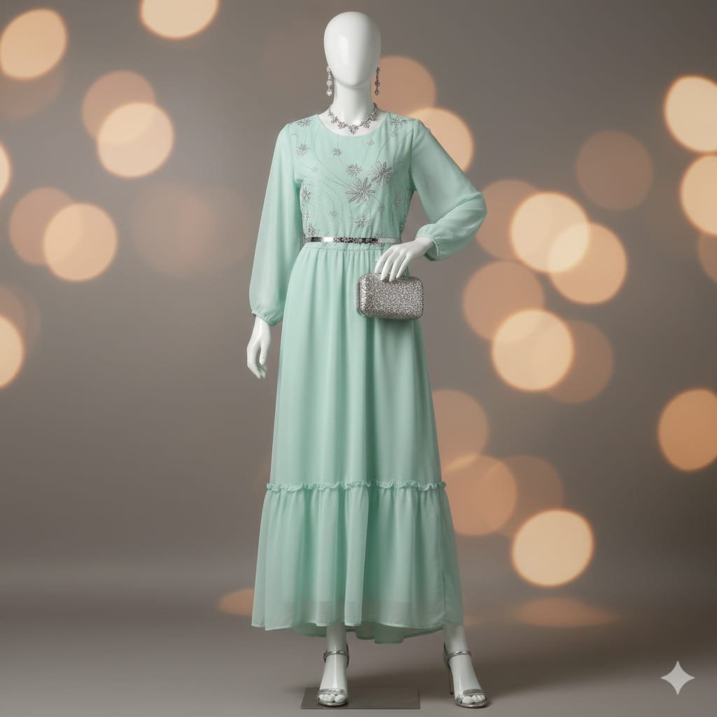 Mint Green Party Wear Embellished Long frock