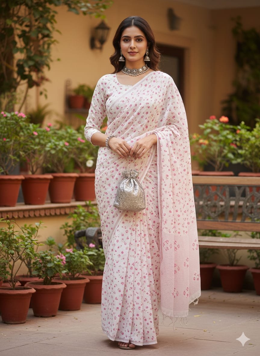 Soft Pink Floral Printed Daily Wear Saree