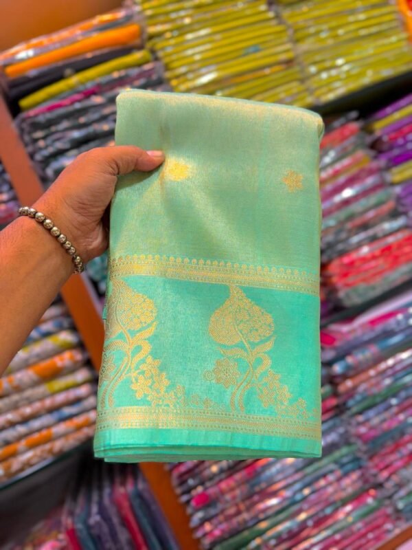 Elegant Aqua Green Handcrafted Tissue Banarasi Saree with Gold Zari Work