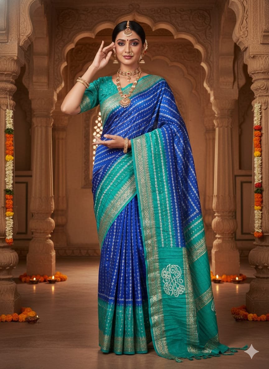 Traditional royal blue & green border bandhani banarasi silk saree