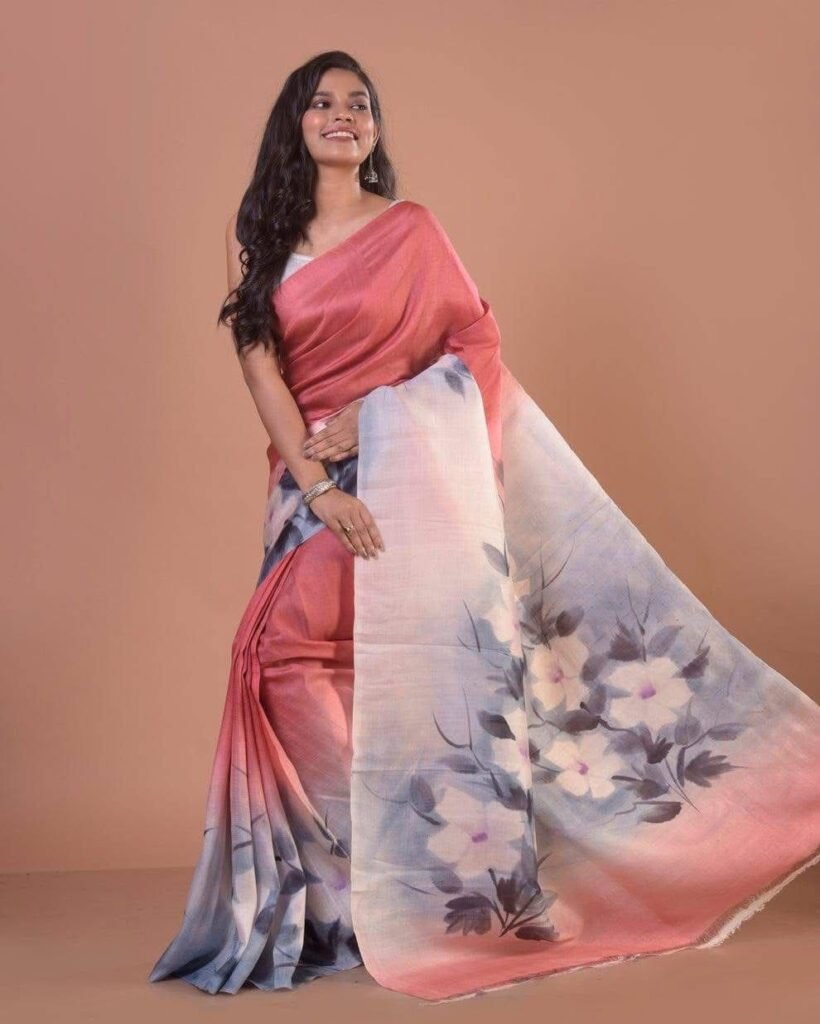 Pink & Light Blue-Grey with White Floral Handblock Prints + Blouse - Blush Mist Semi Murshidabad Bapta Silk Saree