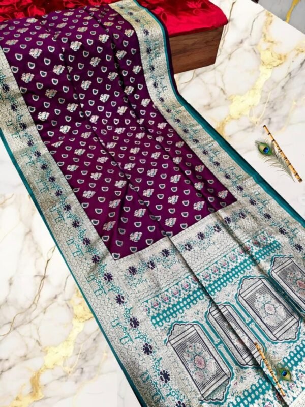 Royal Purple with Teal & Silver Zari Border – With Blouse Piece