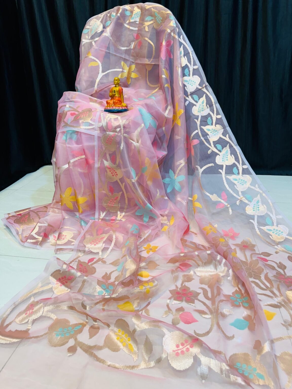 Handcrafted Pure Muslin Saree in Light Pink with Gold Border & Multicolor Floral Motifs & Blush Radiance