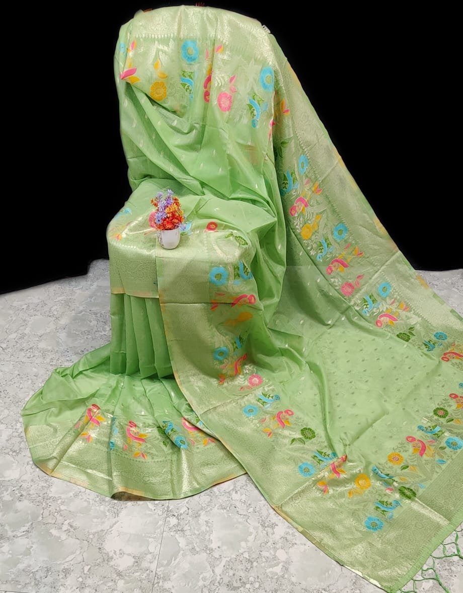 Green Paithani Silk Linen Saree with Intricate Butti Work & Blouse Piece