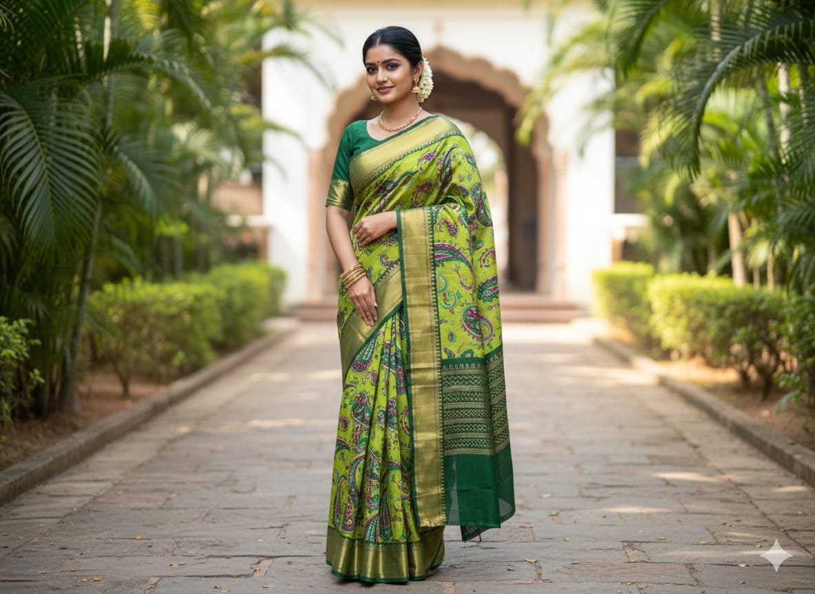 Traditional Banarasi Silk Saree With Floral Kalamkari Print