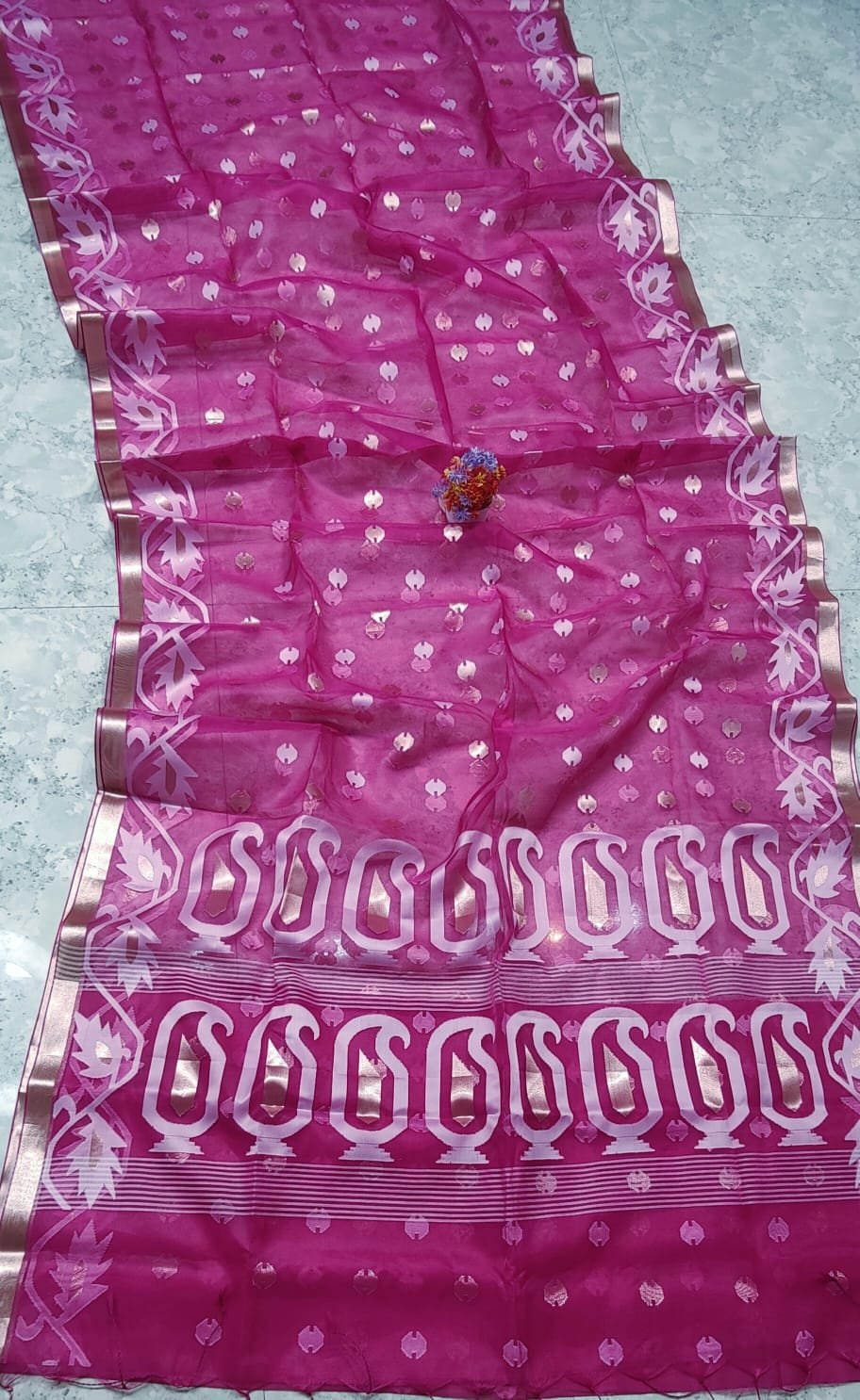 Handcrafted Muslin Silk Jamdani with Jari Butti Design & Matching Blouse Piece