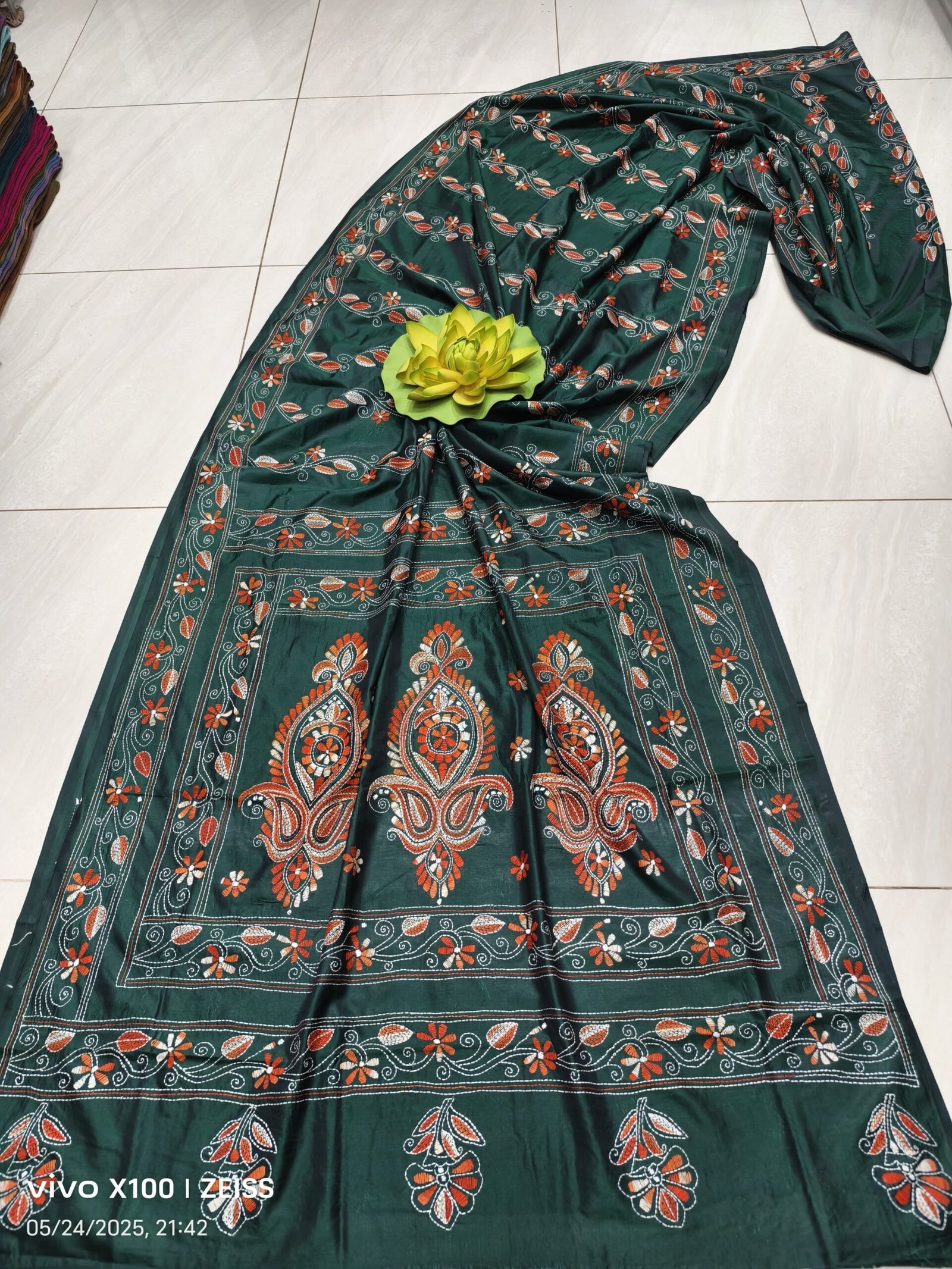 Assam Silk Saree with Vibrant Multicolor Kantha Hand Embroidery