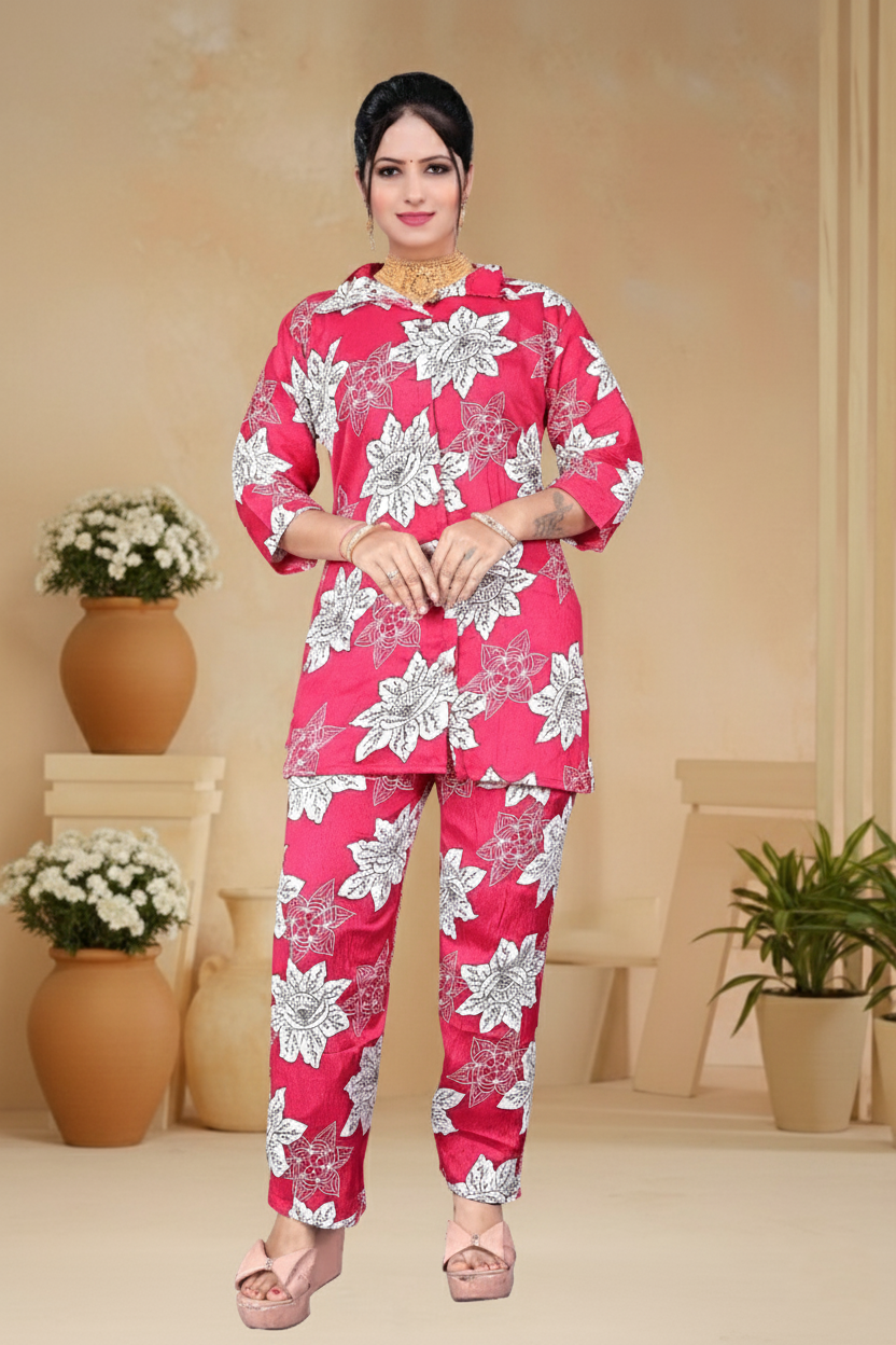 Women Rose Pink Floral Print 2-Piece Co-Ord Set | Co-Ord Set For women