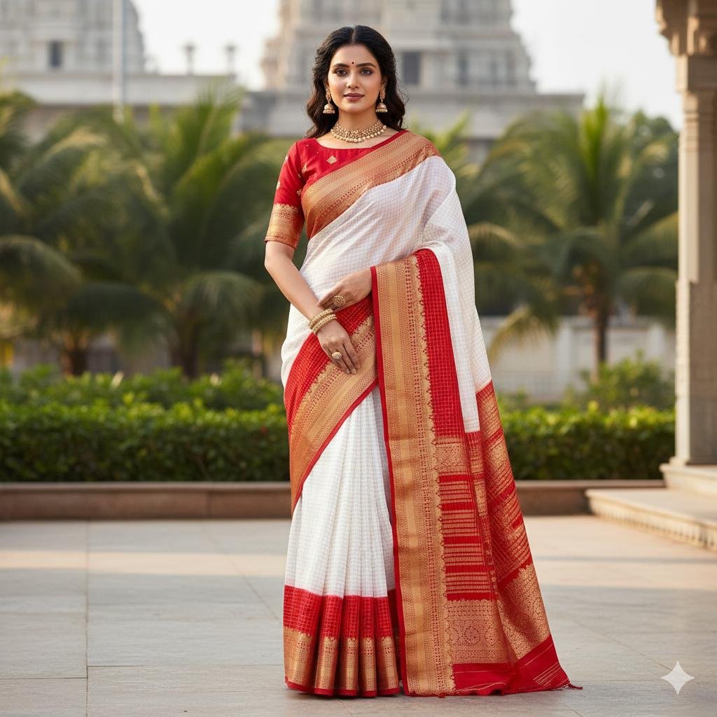 White and Red 2D Mysore Crepe Soft Silk Saree