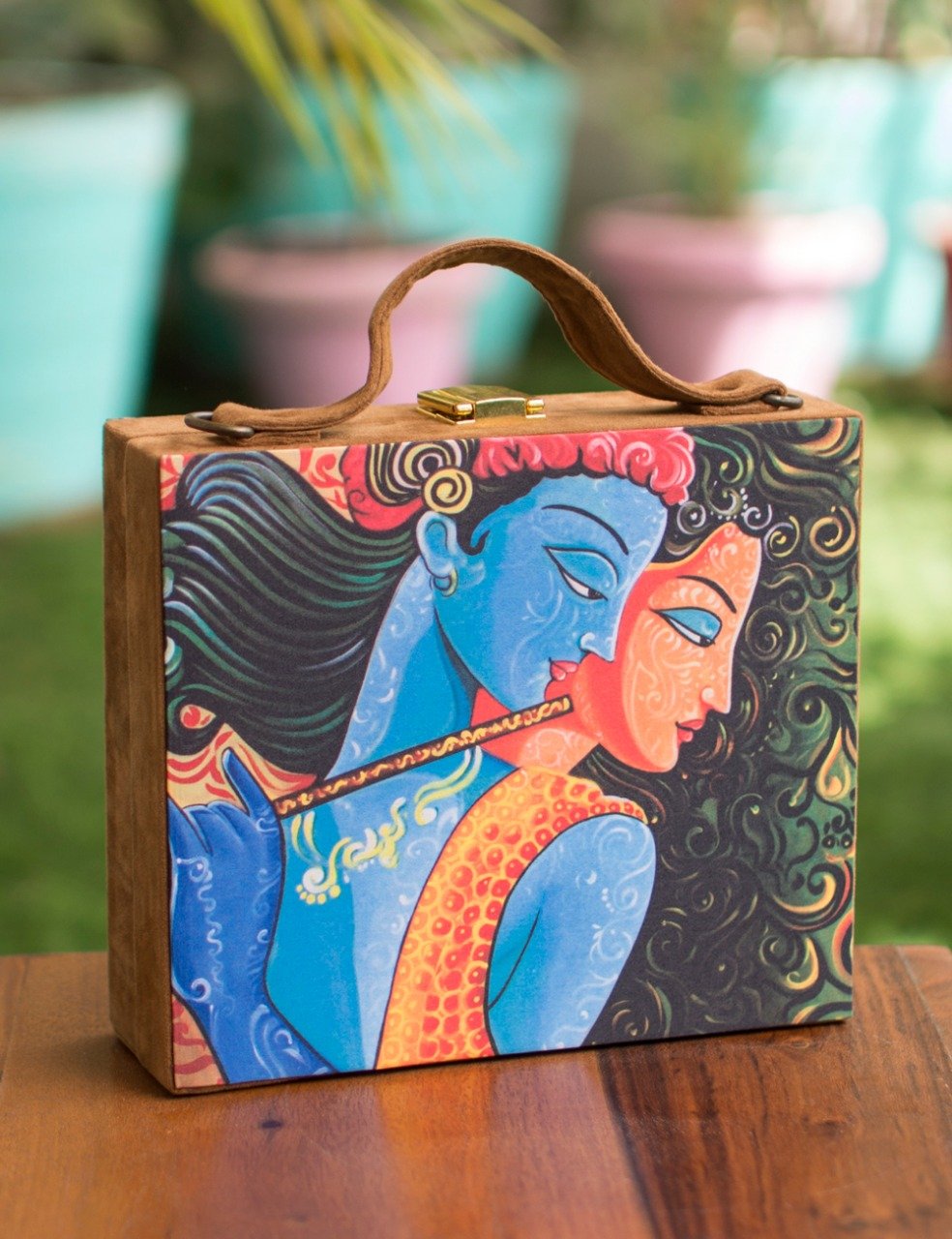 Radha Krishna Printed Satin & Suede Handbag Clutch |Valise Style Clutch Bags