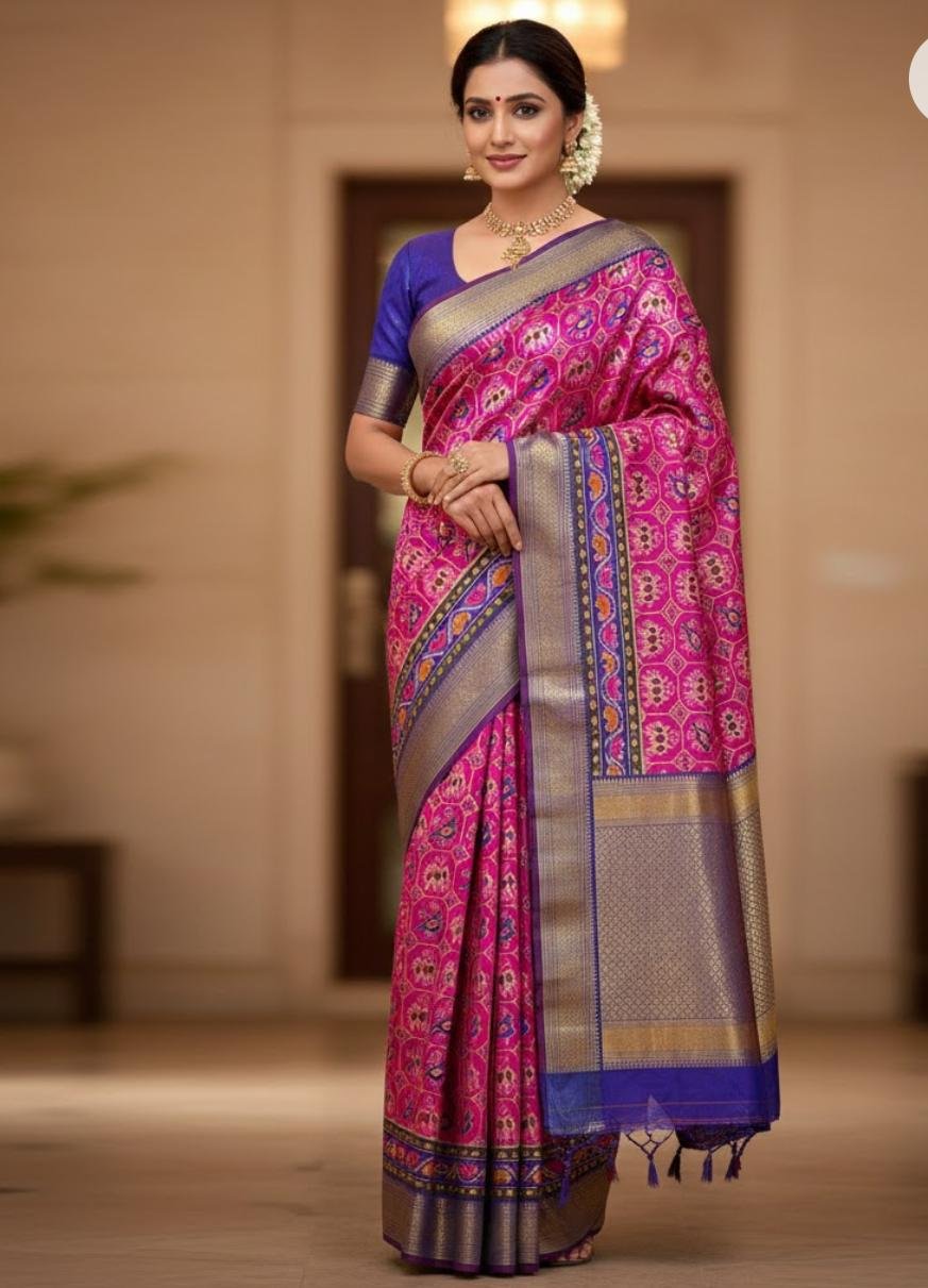 Patola Silk Saree With Royal Blue And Pink