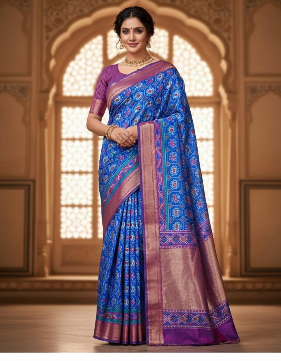 Blue and Magenta Pink Patola Silk Saree