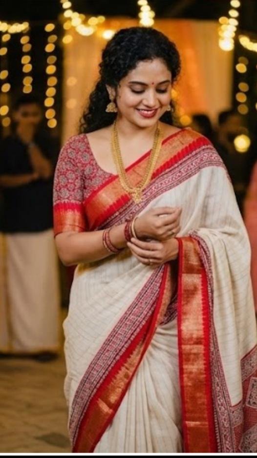Off White & Red Jute Silk Saree