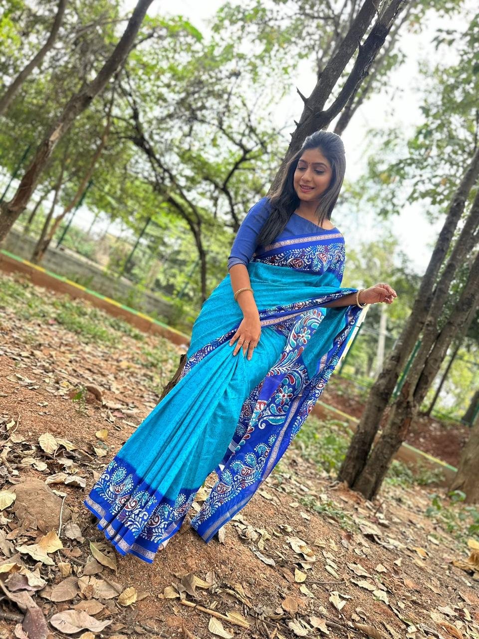 Traditional Blue Batik-Style Saree