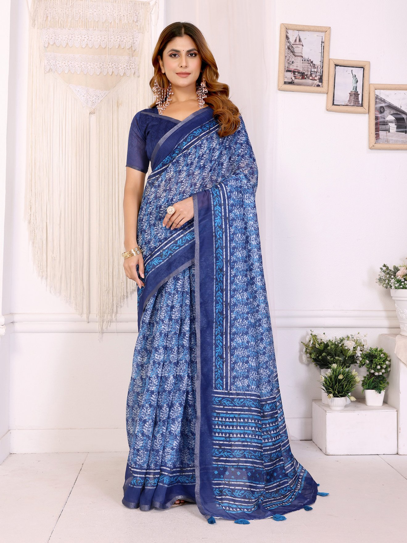 Elegant White Chanderi Saree with Digital Leaf Print