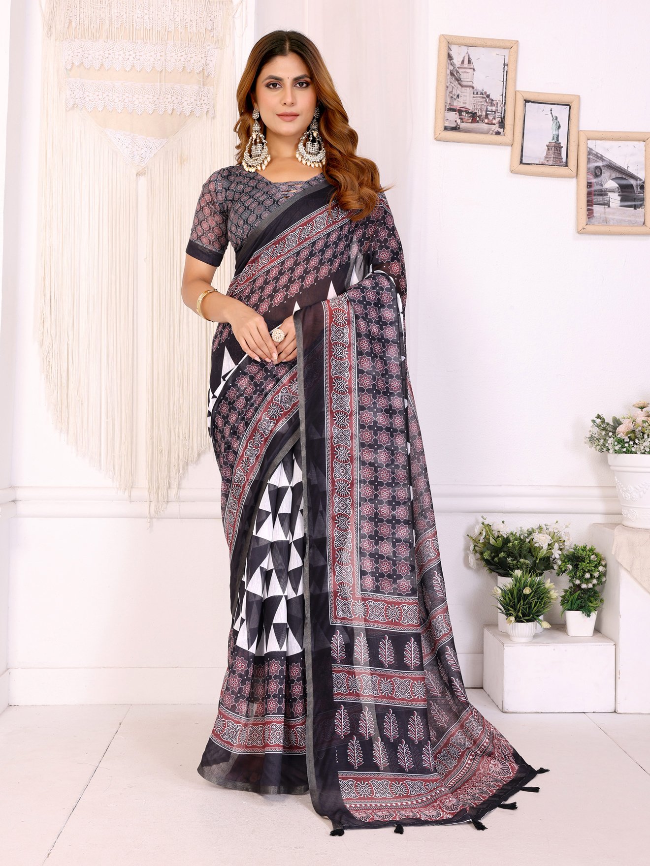 "Black & Maroon Geometric Printed Chanderi Saree "