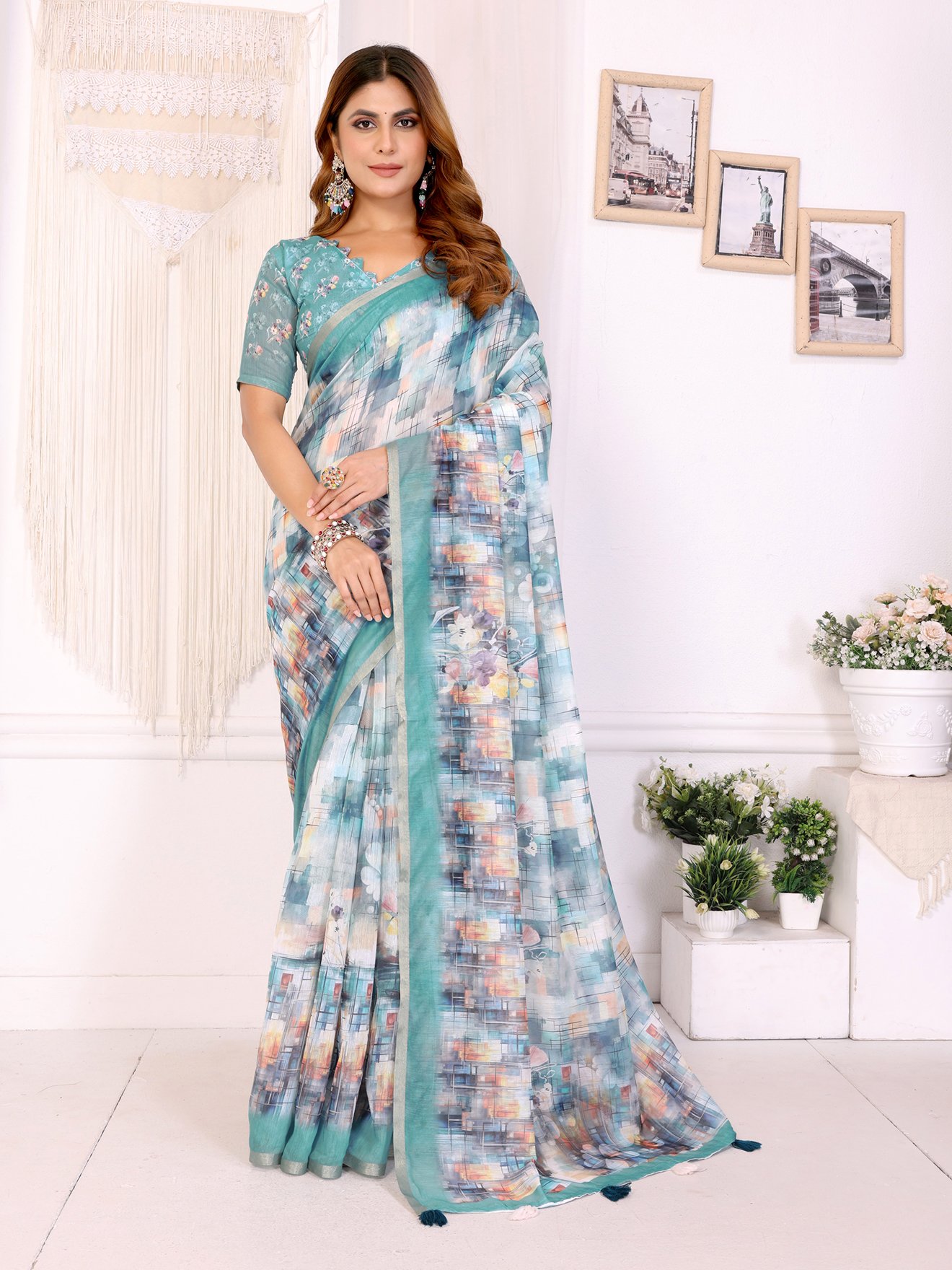 Aqua Blue Digital Abstract Printed Chanderi Soft Saree For Women
