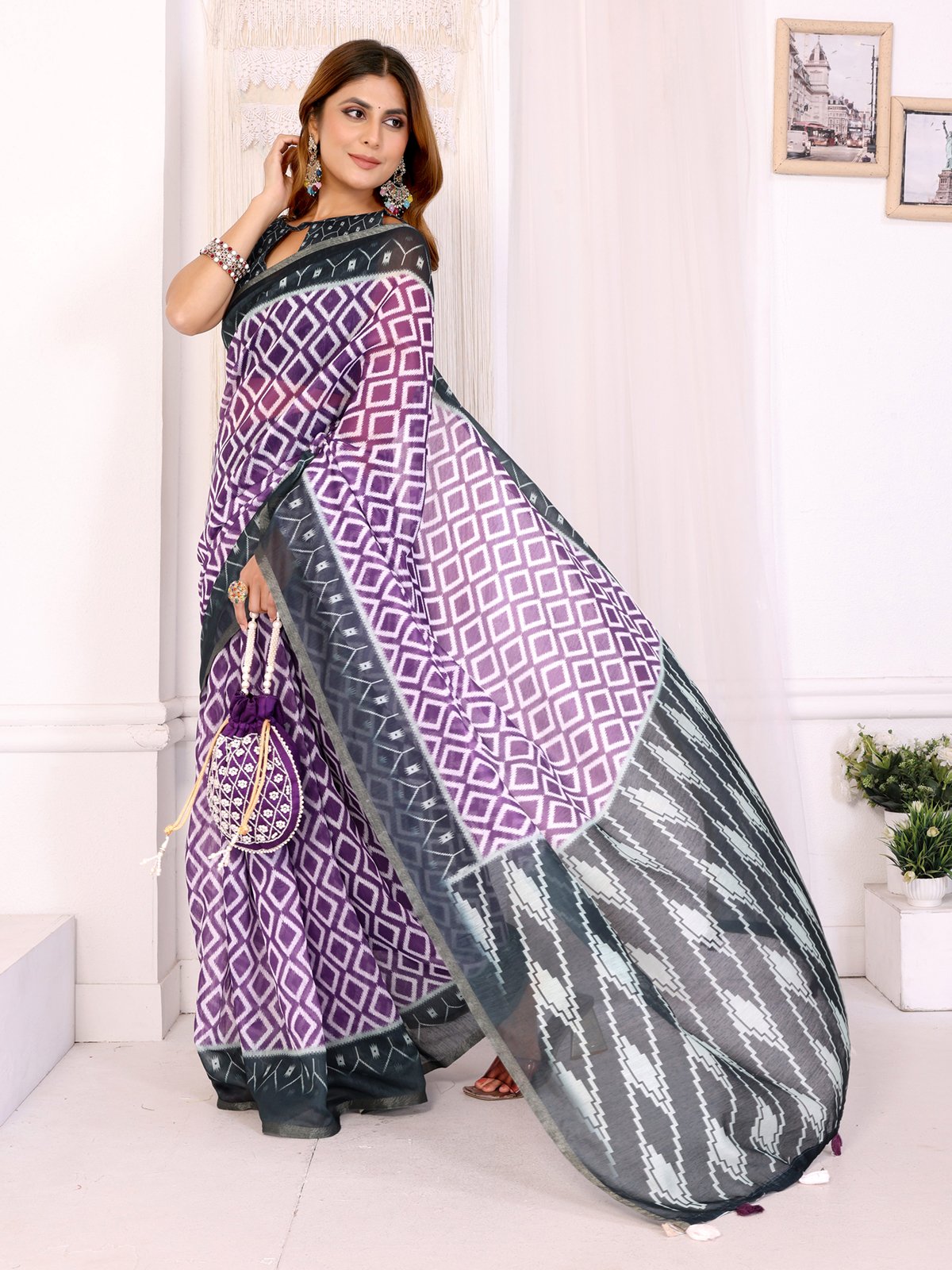 Purple & Black Ikat Printed Chanderi Saree